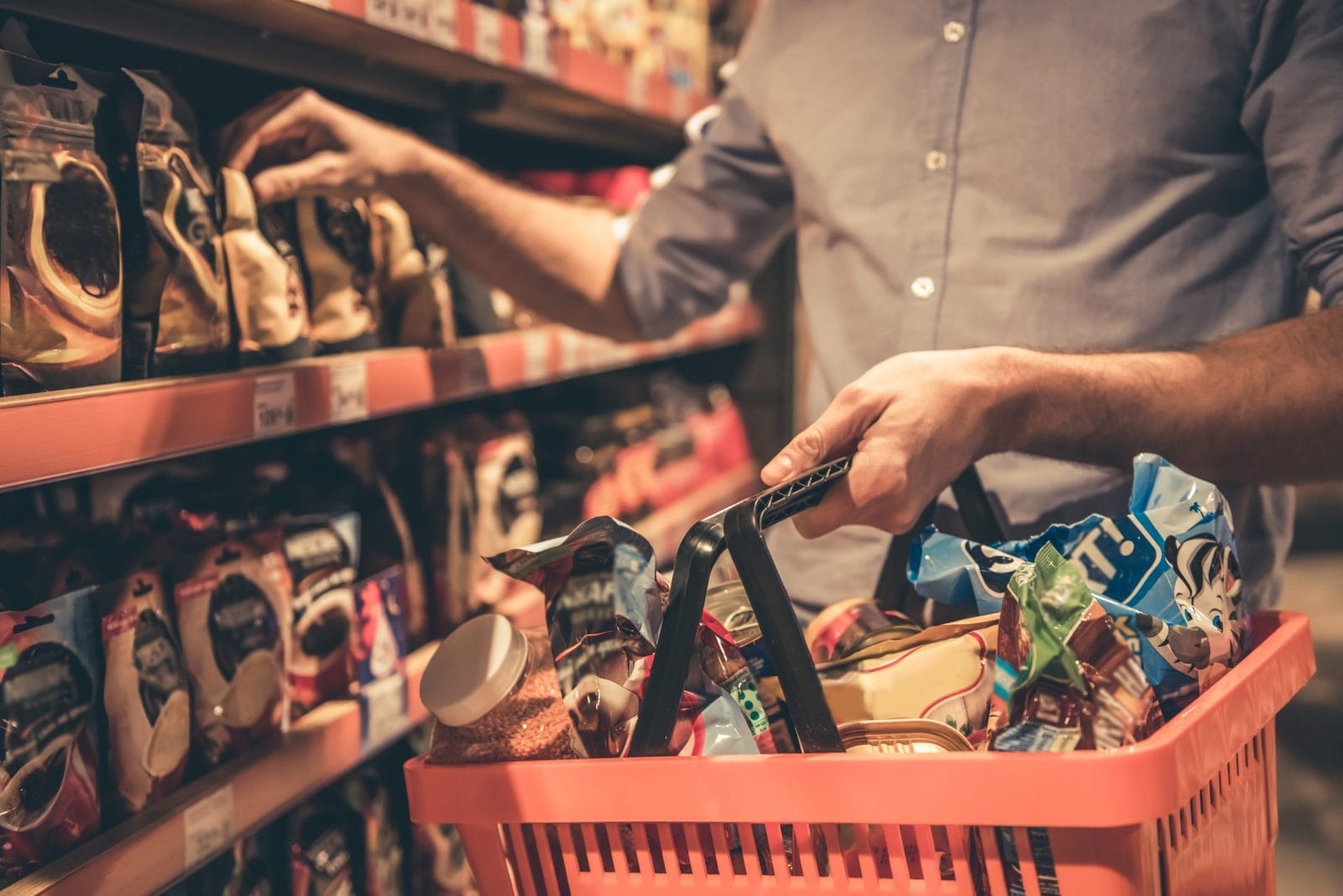 man with a market basket doing shopping at the supermarket