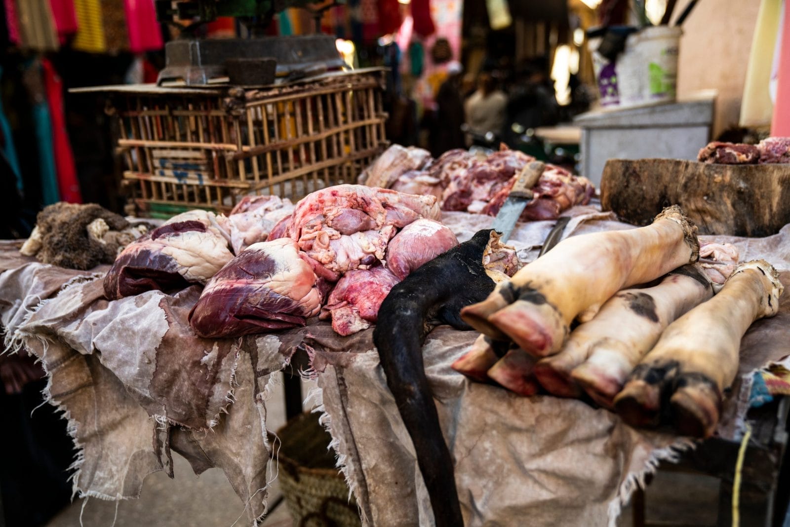 table of animal parts for sale at a market