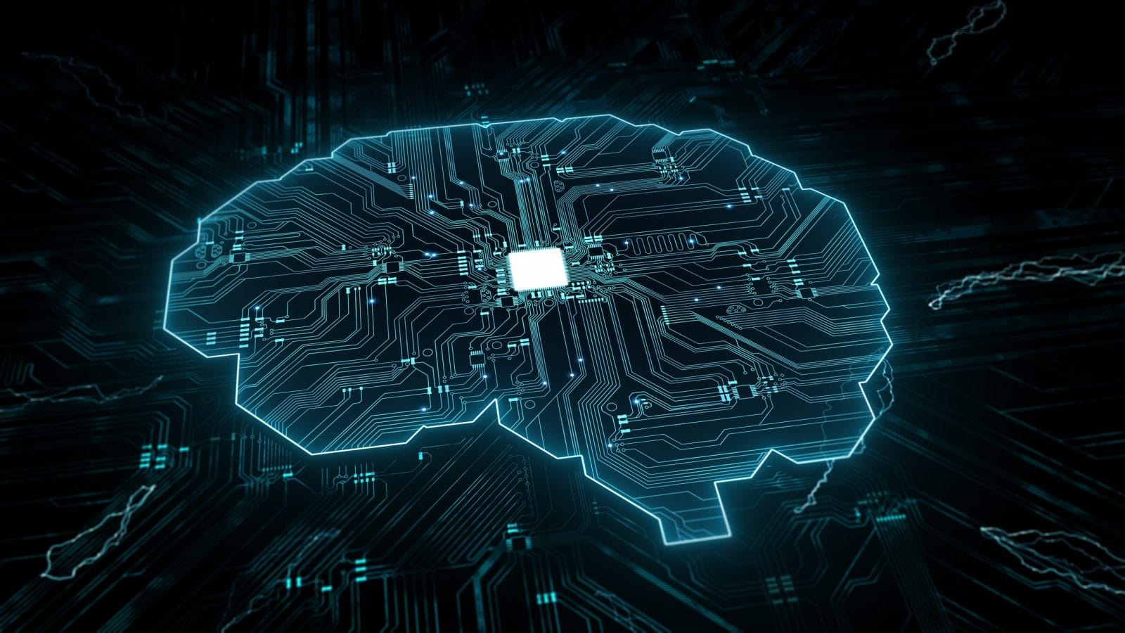 Brain representing artificial intelligence on circuit board