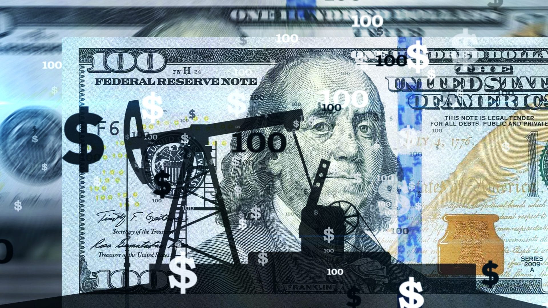 The silhouette of an oil pump on a $100 bill