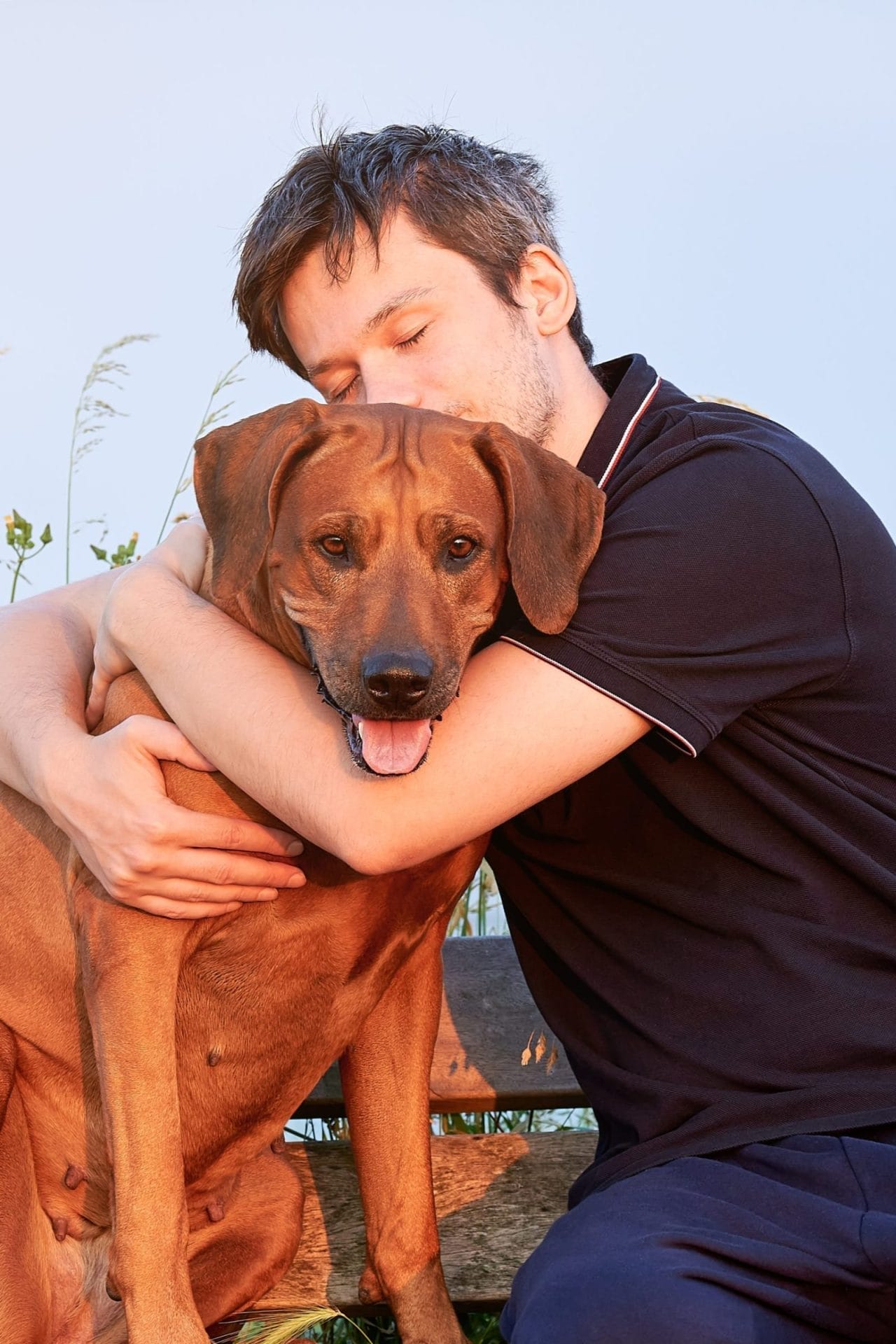 Man cuddling service dog