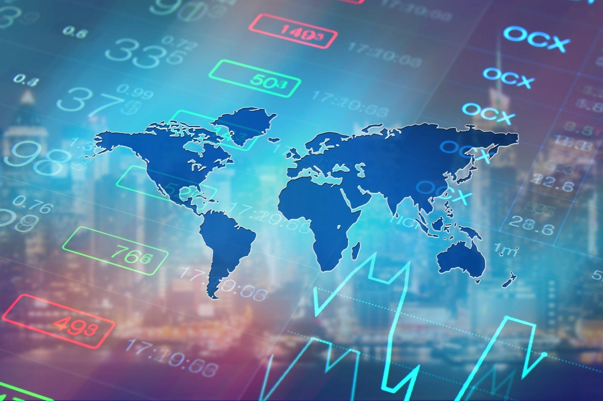 Stock market graph with tickers and financial data
