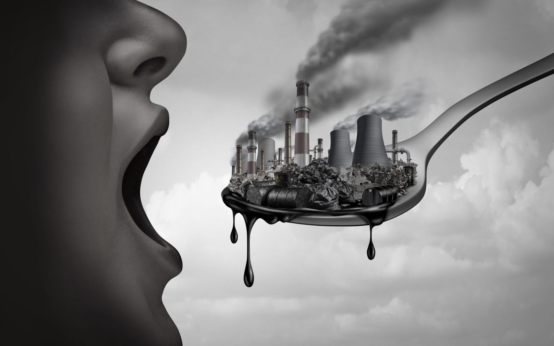 Toxic pollutants on a spoon going into someone's mouth