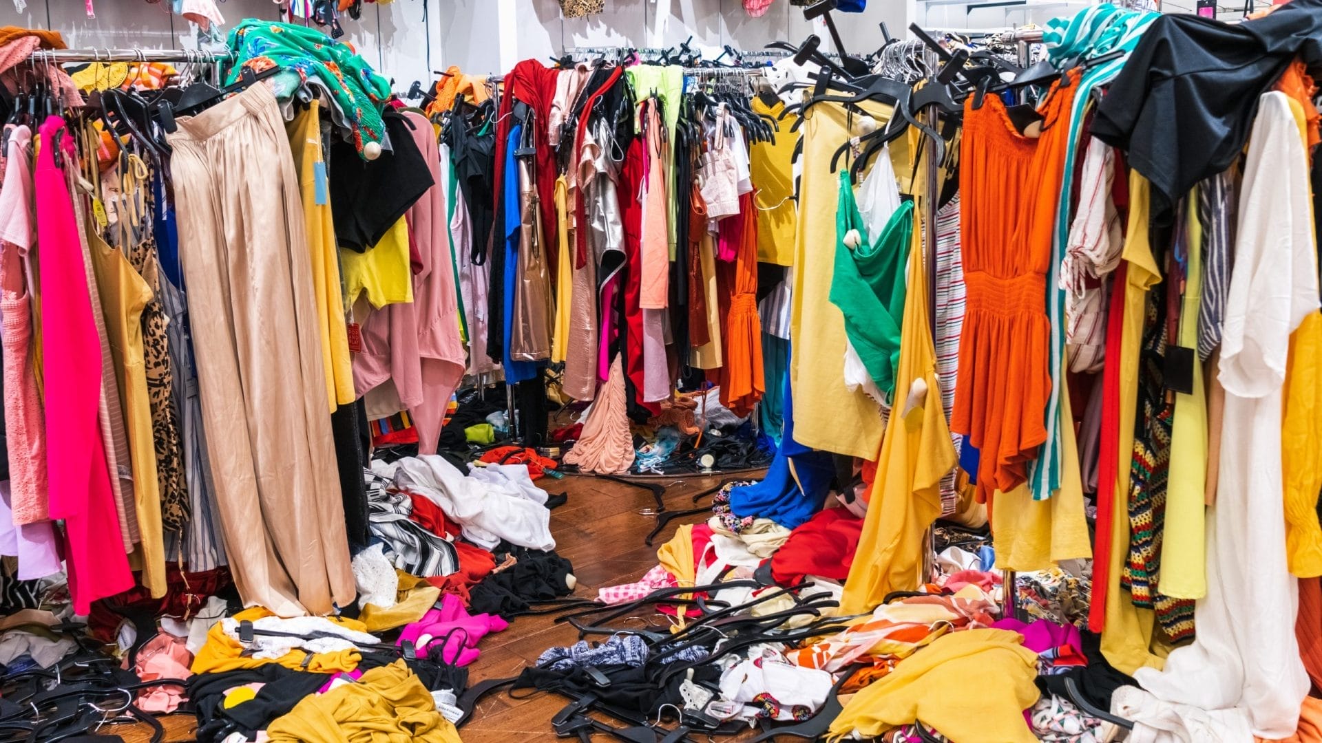 Messy clearance section in clothing store