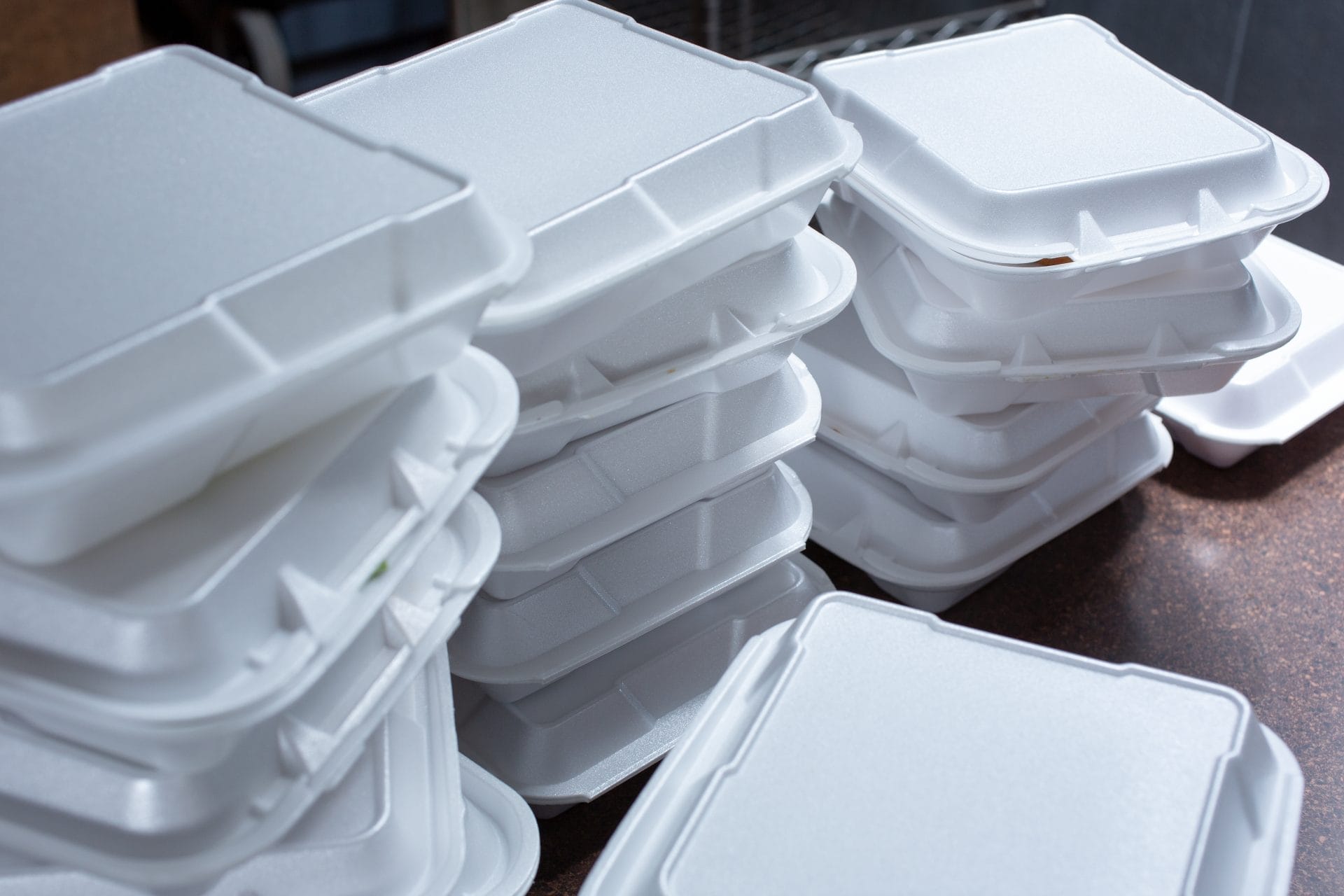 Stacks of styrofoam food containers