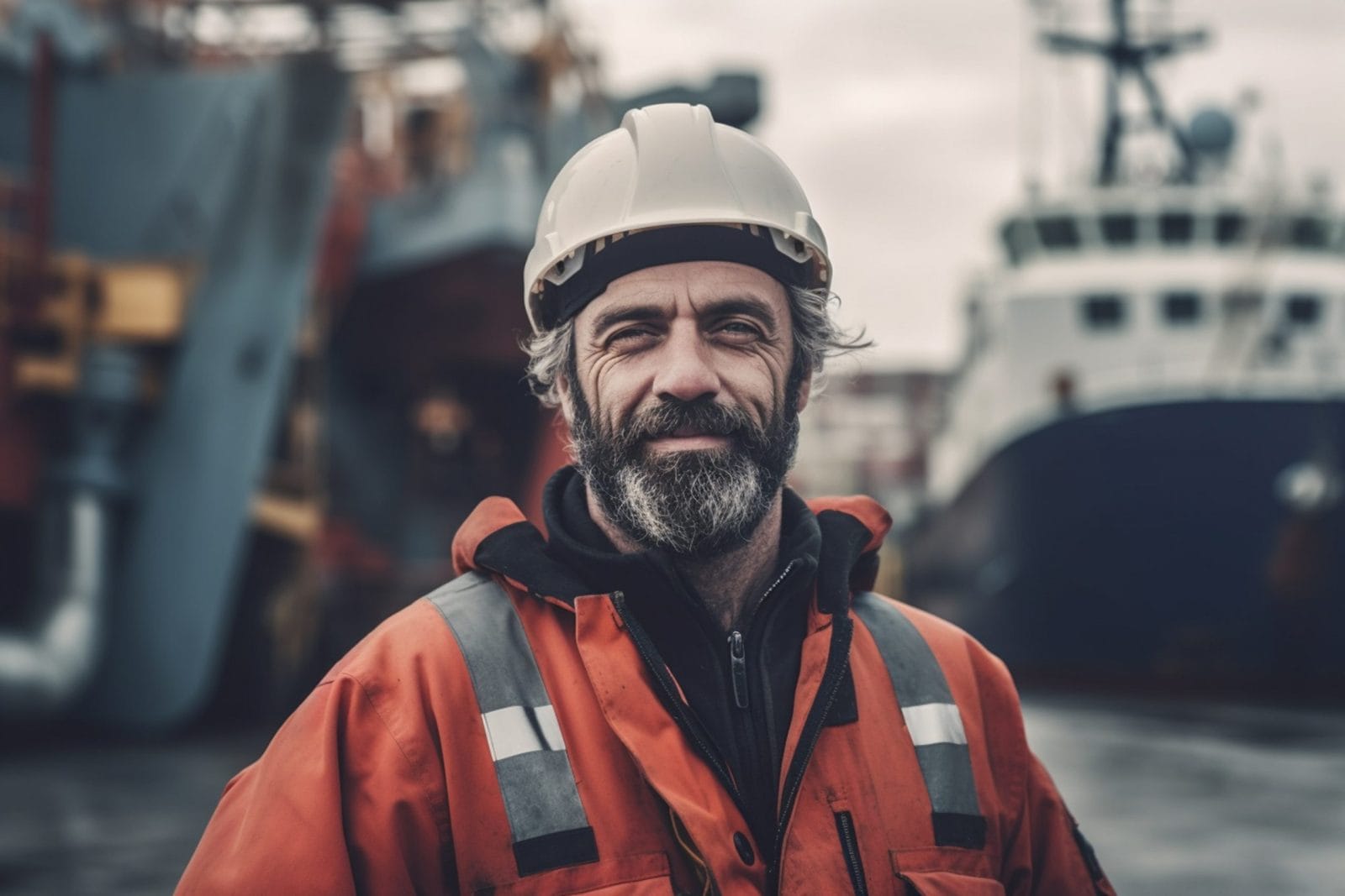 Sailor in port facility near the ship in safety helmet, uniform, boiler suit staying near derrick, crane. . High quality photo