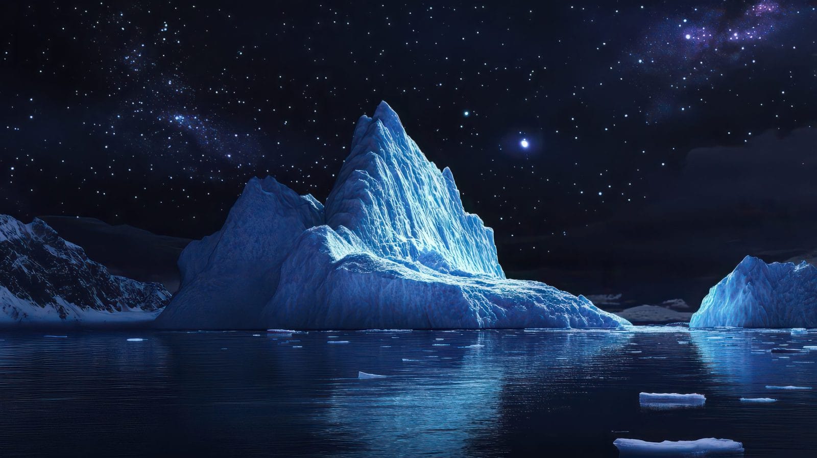 Night photo of an iceberg with stars