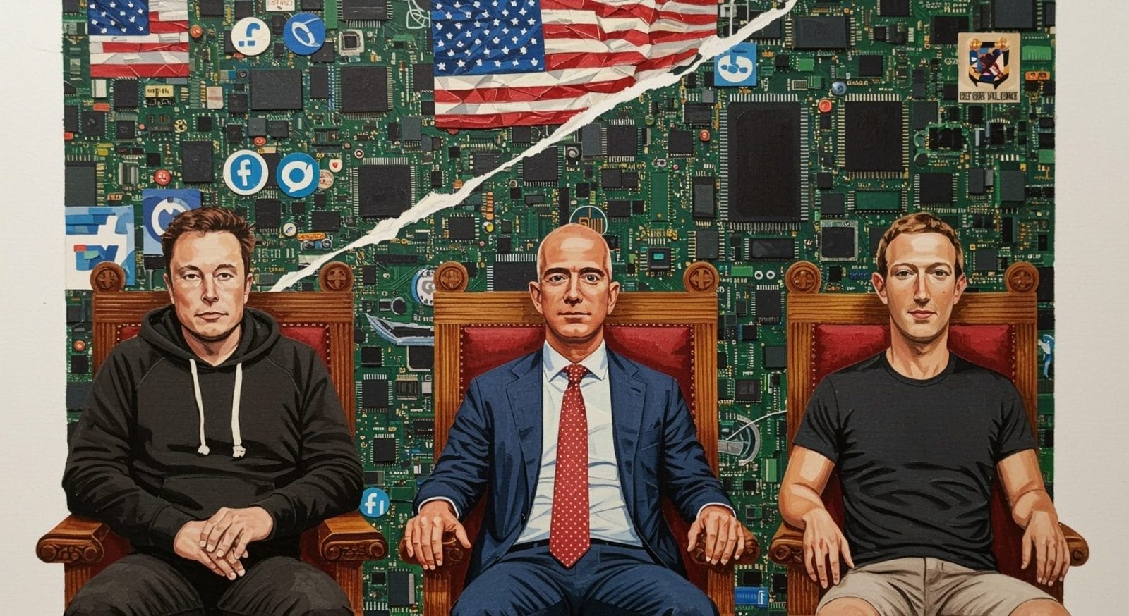An oil painting-style portrait of elon musk, jeff bezos, and mark zuckerberg seated like monarchs in a high court, dressed not in royal robes but corporate uniforms — hoodie, blazer, and black tee. behind them: a tapestry woven from american flags,