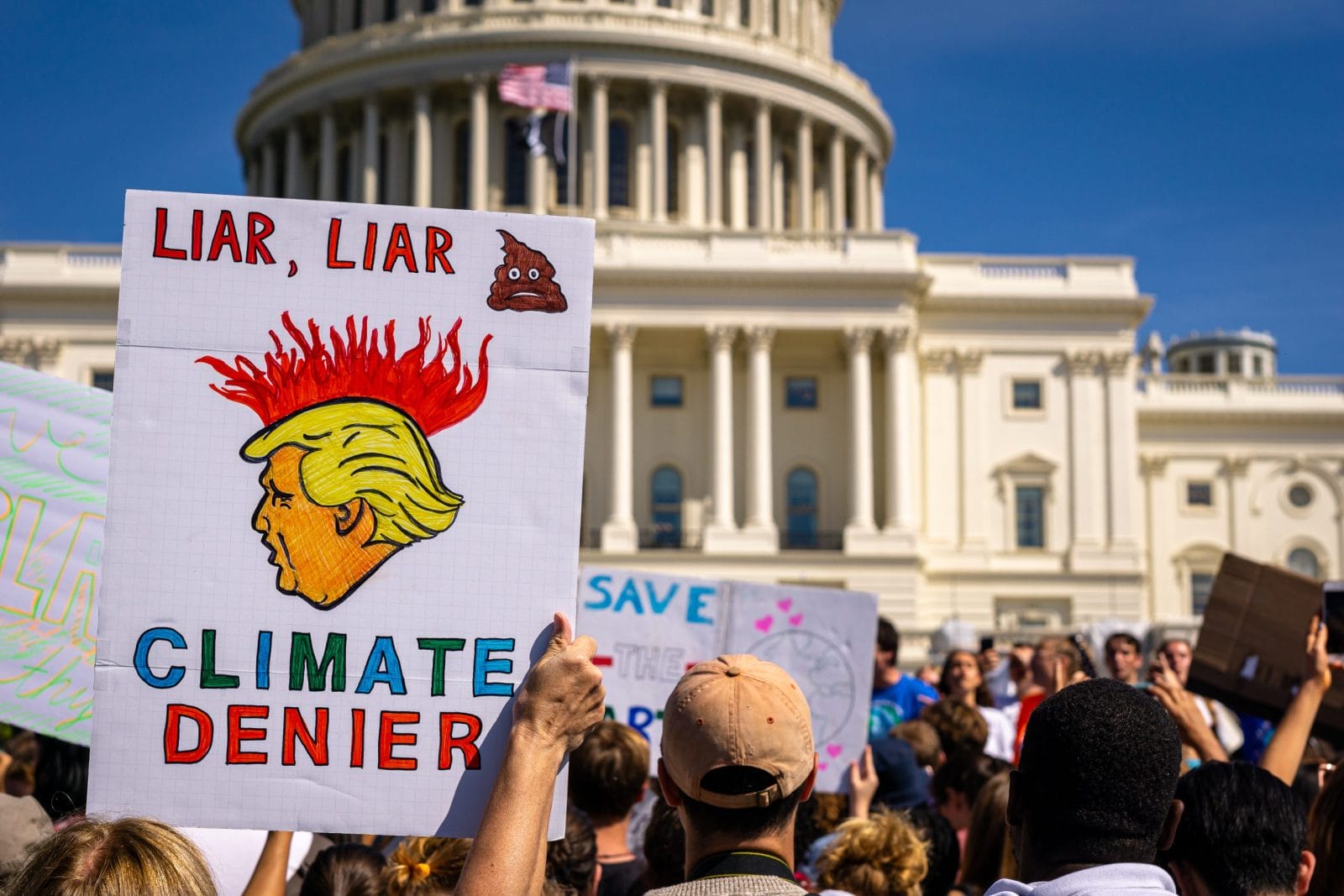 Washington D.C./USA-September 20th, 2019: A person holding up a sign mocking President Trump at the September climate strike in Washington D.C.