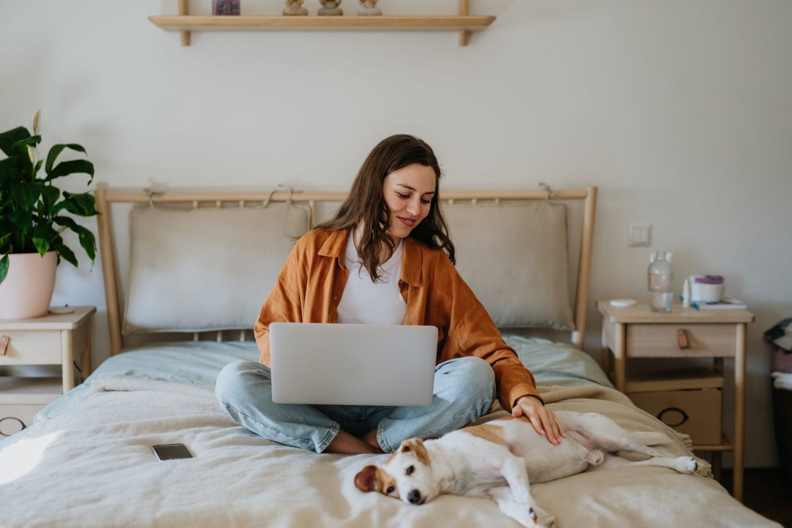 Young student e-learning on laptop at home, cute small dog besides. Businesswoman working remotely, sitting on bed. Homeoffice for single woman living alone.