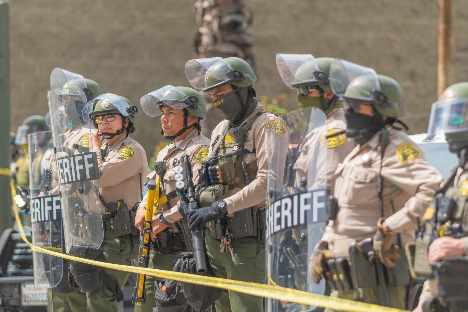 Los Angeles, California, USA, July 14, 2025, Police on standby during the No Kings protest against government policies and supporting democracy and immigrant rights